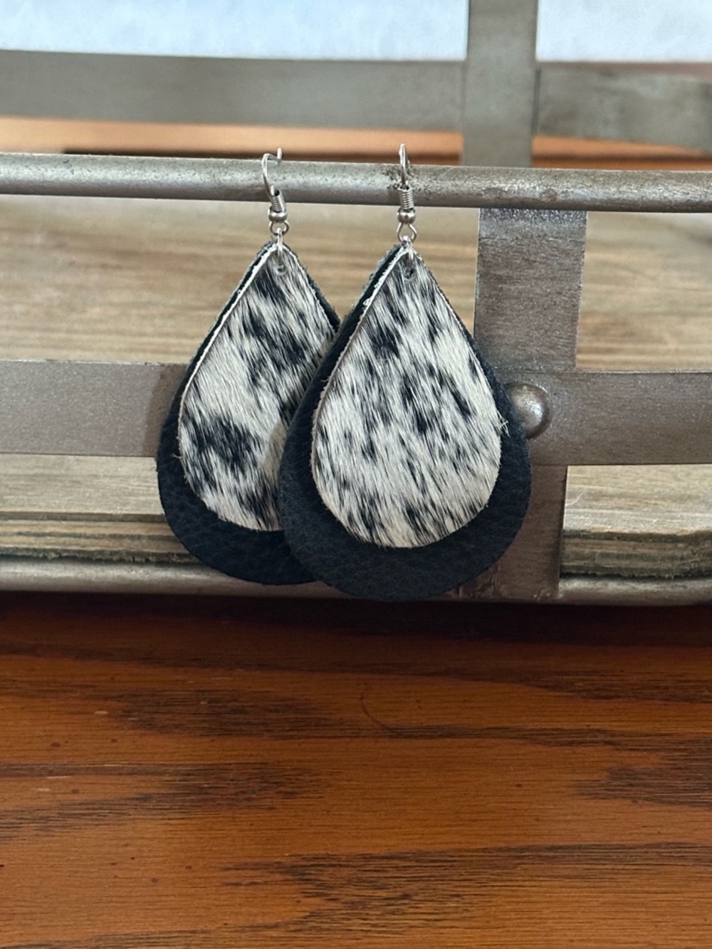 Black and White Speckled Teardrop Leather Earrings